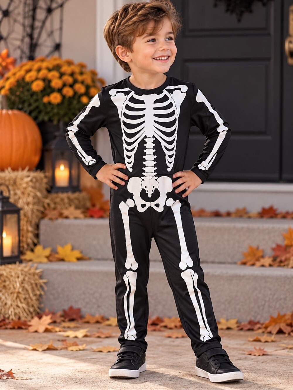 Kids Black White Skeleton Halloween Costume Jumpsuit Bodysuit